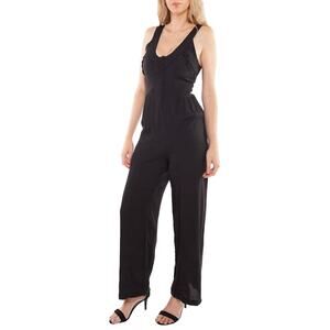 Taylor & Sage Black Semi-Sheer V Neck Button & Loop Front Wide Leg Jumpsuit S